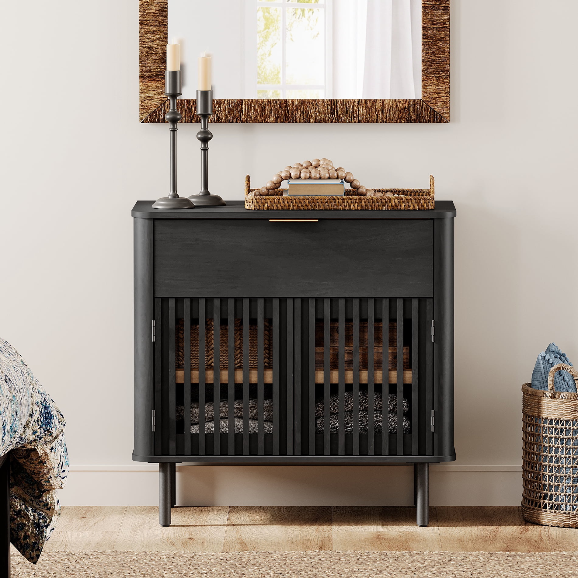 31.5" Sideboard Buffet Cabinet with Storage - Fluted Kitchen Credenza Cabinet with Pop-up Doors and Drawer, Black