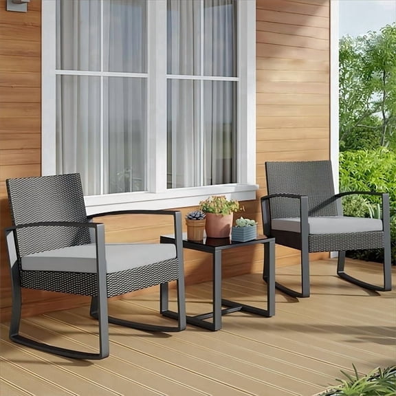 Patio Furniture Set on Sale, Jolifa 3-Piece Outdoor Bistro Balcony Chairs Set with Rocking Chairs and Tempered Glass Table for Porch & Backyard, Gray Cushion(Included)