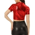 thumbnail image 3 of INSPIRE CHIC Women's Mock Neck Party Short Sleeve Metallic Crop Tops M Red, 3 of 6