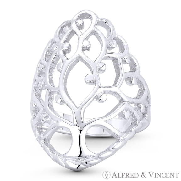 Tree-of-Life / Knowledge Etz Chaim 26x19mm Long Charm Right-Hand Statement Ring in .925 Sterling Silver