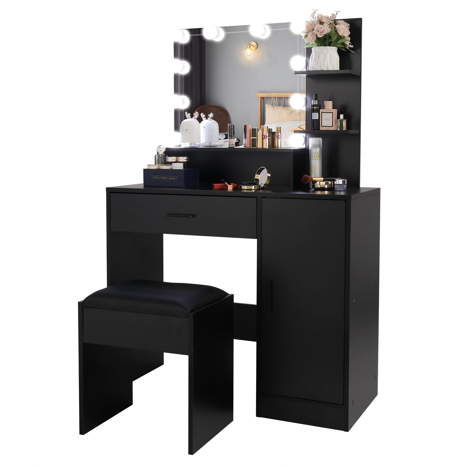 YYAo Farmhouse Vanity Desk Set, Makeup with Lighted Mirror and Stool, Dressing Table with Drawers and Storage Shelves for Bedroom, Black YYAo Farmhouse Vanity Desk Set, Makeup with Lighted Mirror and Stool, Dressing Table with Drawers and Storage Shelves for Bedroom, Black