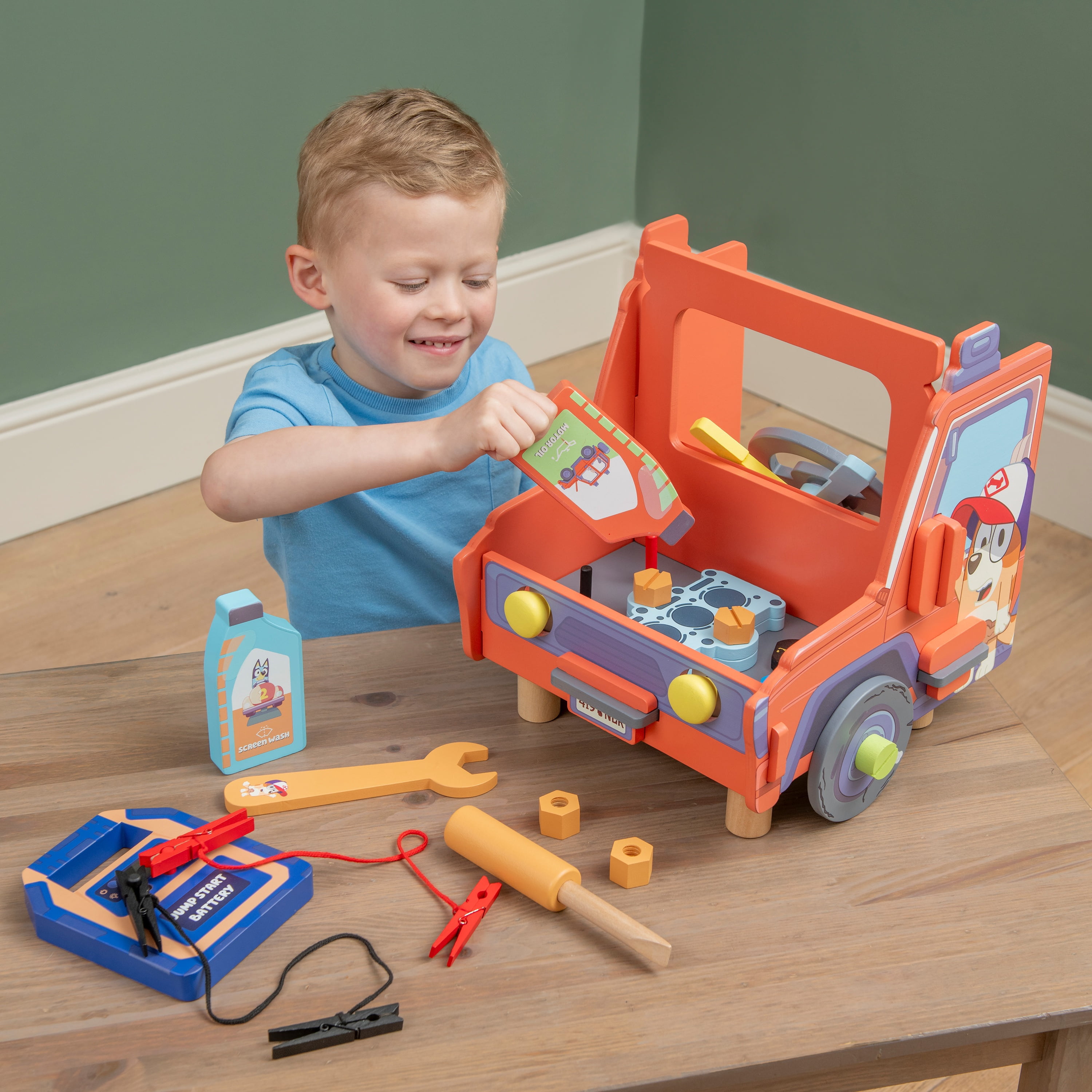 Bluey Wooden Mechanic Tabletop Playset, Build the Car and Repair the Engine, Includes 22 pieces, Ages 3+