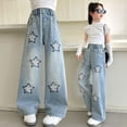 thumbnail image 2 of NAFUU Toddler Girls Long Pants Distressed Star Print Denim Trousers Straight Leg Loose Fit Wide Leg Trousers Casual Wear Girl's Pants Sizes 8-10 Years, 2 of 6
