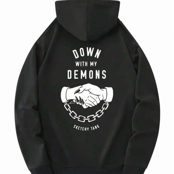 Men's Cozy Fleece Hoodie With "DOWN With MY DEMONS" Graphic - Casual Streetwear Sweathoodie With KANG-AROO Pocket, Black Cotton Blend, Perfect For Fall & Winter, Sweater Hoodie Versatile And Simple S