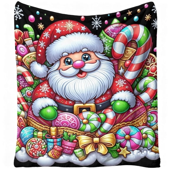 1pc Santa Claus Flannel Blanket - Soft & Warm 280gsm All-Season Cozy Throw with Cute Candy Cane & Gingerbread Print, Red Green Christmas Design