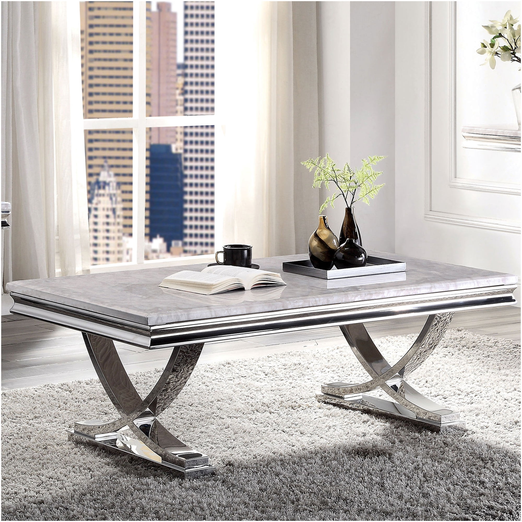 JERFIT Modern Chrome Coffee Table with Faux Marble Top, Pedestal Base for Glam Living Room Decor