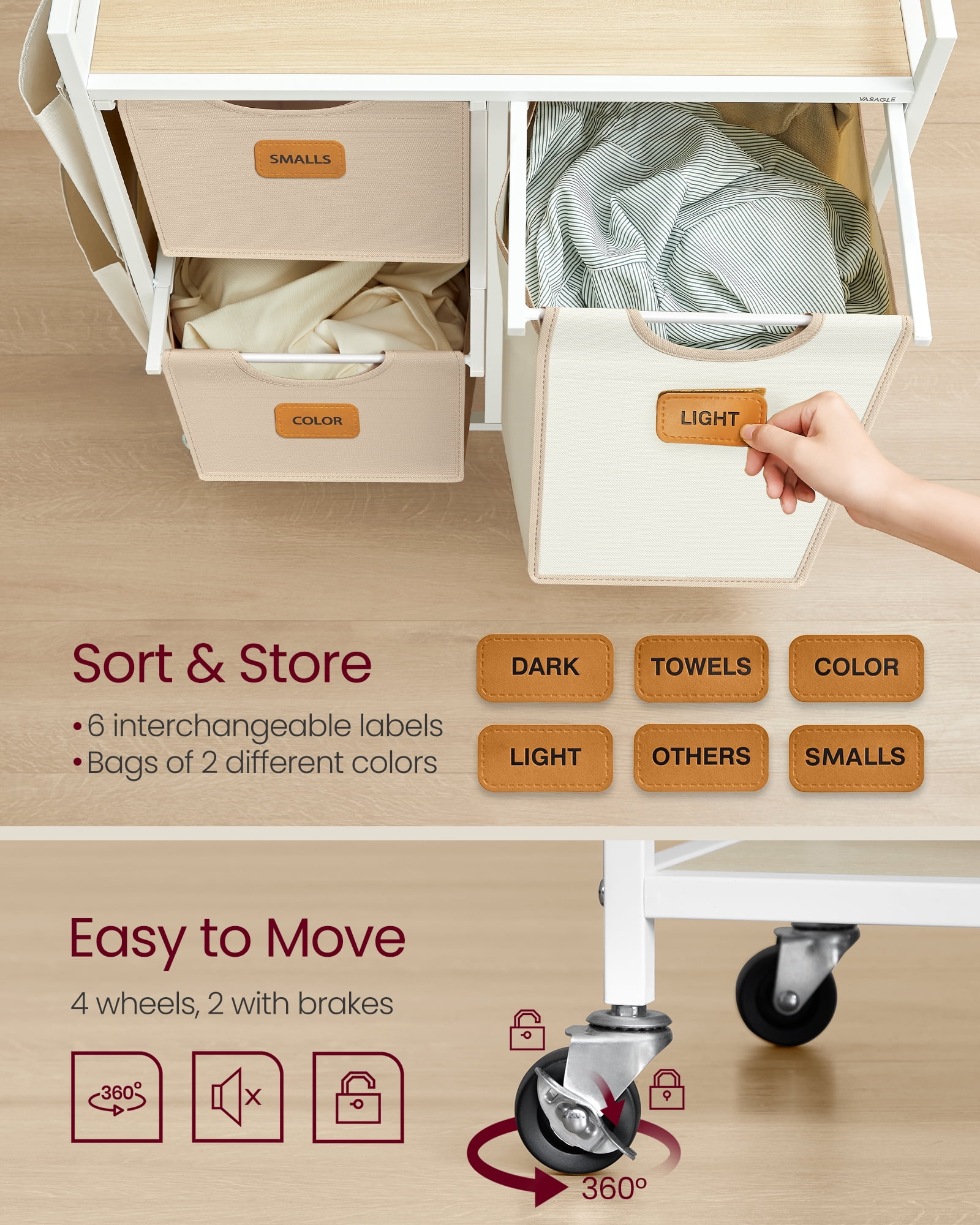 Natural Beige, Camel Brown and Cream White Laundry Hamper,26.4 Gal. (100 L) 3 - Compartment Laundry Sorter, Rolling Laundry Cart with 6 Labels