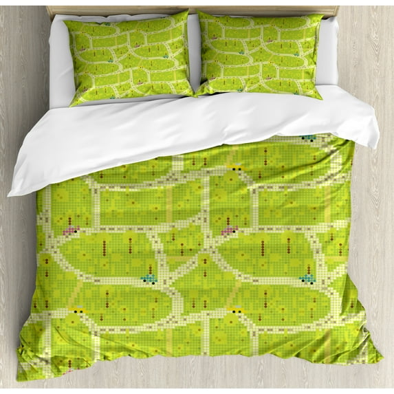 Geometrical Duvet Cover Set King Size, Woods and Roads from Circles Pathways and Green Plateau, Decorative 3 Piece Bedding Set with 2 Pillow Shams, Yellow Green Apple Green, by Ambesonne