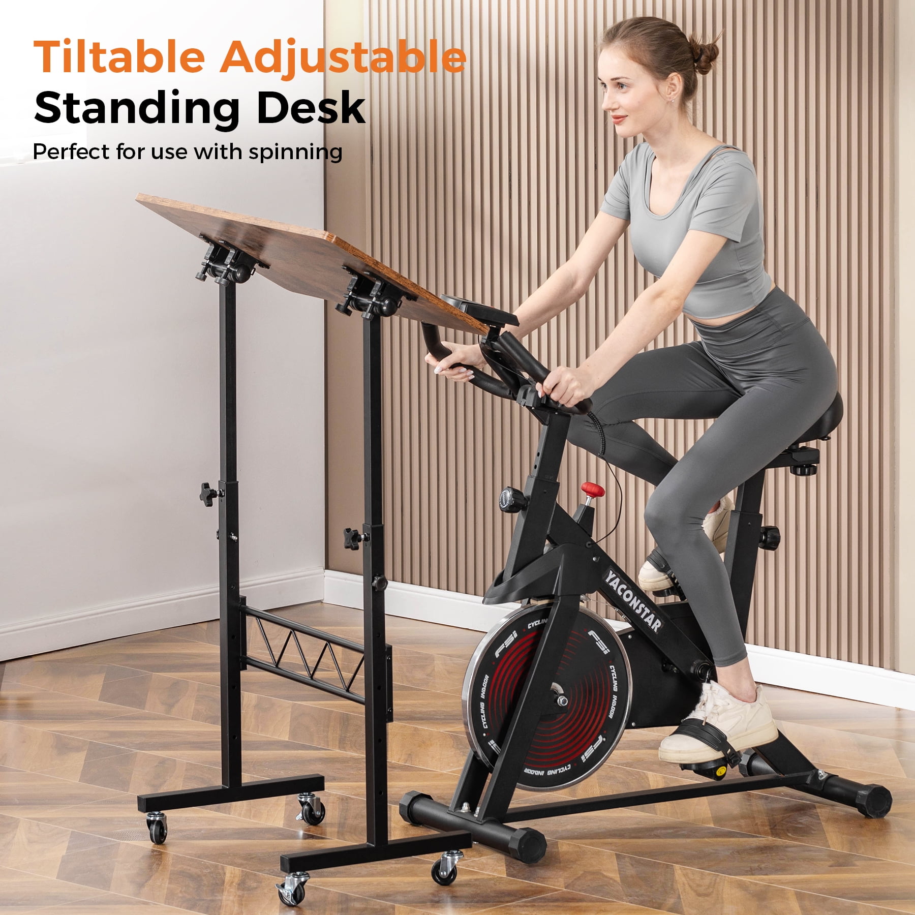 EXRACING Portable Standing Desk with Tiltable Top, Small Mobile Laptop Table with 31.5" x 15.75" Surface, Rolling Desk for Home Office or Walking Pad, Brown