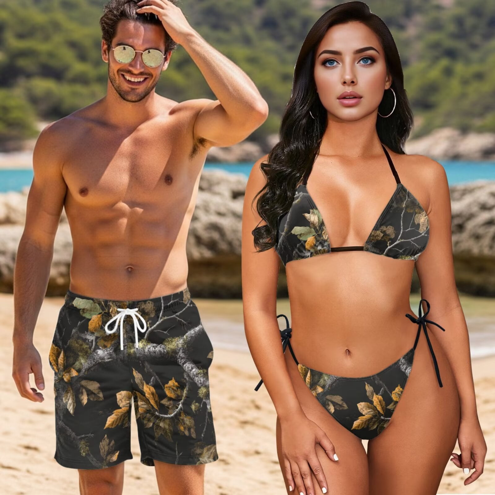 Uourmeti Camo Hunting Leaf Print Womens Bikini Swimsuits Mens Swim Trunks Matching Swimsuit Camouflage for Couples Summer Beach Bathing Suit Hawaii Couples Swimwear for Vacation