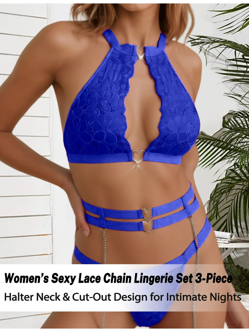 Ausing Sexy Lingerie for Women Floral Lace Underwire Push Up Garter Belt Bra  and Panty Halter Heart Ring Chain Adjustable Rave Outfits Royal Blue XL -  Walmart.com