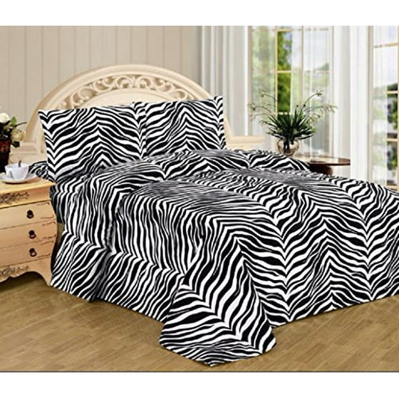 Black White Zebra Print Queen Size Sheet Set 4 Pc Safari Animal Print
