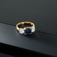 thumbnail image 3 of Gem Stone King 18K Yellow Gold Plated Silver Blue Sapphire and White Moissanite 3-Stone Engagement Ring for Women | 3.82 Cttw | Cushion 8MM | Three Stone Wedding Anniversary Promise Ring| Size 7, 3 of 5