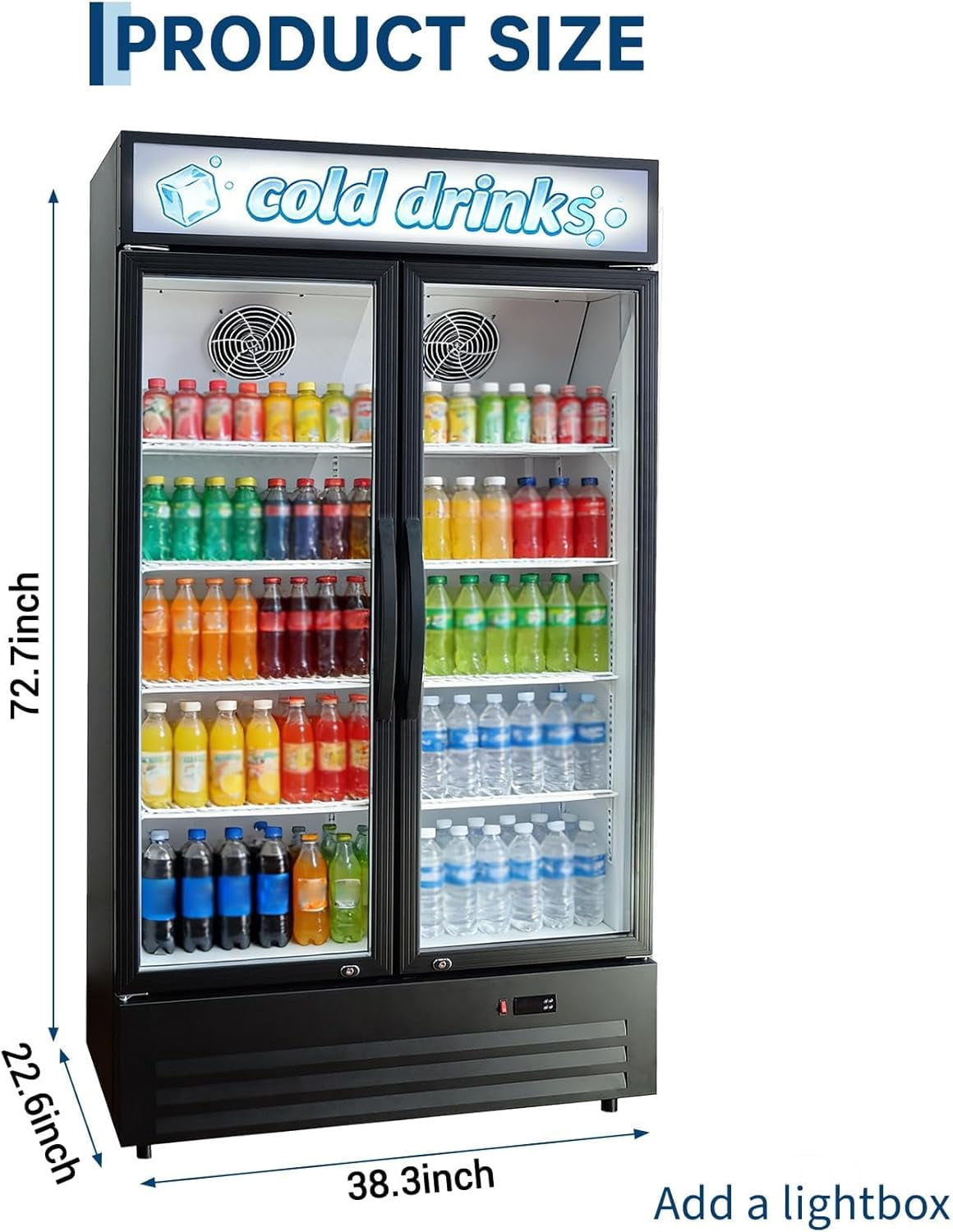 IdealHouse 34.8 Cu.ft Commercial Beverage Fridge, Double Glass Door Display Refrigerator with Adjustable Shelves, Customizable LED Lightbox & Frost-Free System, Beverage Cooler, Black