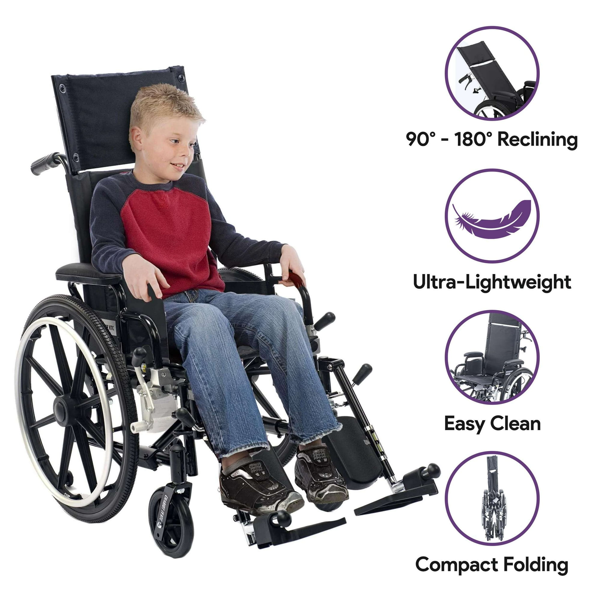 ProHeal Reclining Pediatric Wheelchair 14" - Lightweight Foldable Transport Reclining Chair for Children - Caregiver Breaks, Ultra Light, Padded Flip Back Arms, Elevating Leg Rests