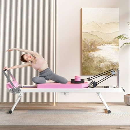 Pilates Reformer, Foldable Pilates Equipment for Home Use and Gym Use, Core Pilates Bed with Dual Resistance Springs and Cords, Suitable for Beginners