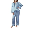 thumbnail image 2 of Women's 2 Piece Pajamas Sets Ruffled Plaid Loose Casual Button Up Shirt and Wide Leg PJ Bottoms Sleepwear Outfits (M, Light Blue), 2 of 7