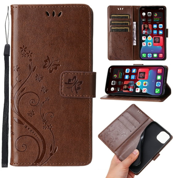 TECH CIRCLE Case for iPhone 15 Plus (2023) - [Embossed Butterfly Tree Pattern] Protective PU Leather Wallet Case with [Card Holder /Wrist Strap] Fold Stand Folio Cute Cover Shell, Brown