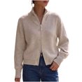 thumbnail image 2 of Tusihei Women Knit Zipper Up Cardigan Stand Collar Long Sleeve Sweater Jacket Daily Autumn Outerwear, Beige L, 2 of 6