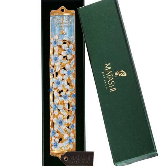 Matashi Hand Painted 5.5" Blue and Ivory Enamel Flower Mezuzah Embellished w/ Gold Accents,Menorah Design and fine