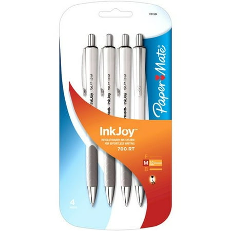 Paper Mate InkJoy 700 RT Ballpoint Pens, Medium Point, White Barrel, Black Ink, 4pk
