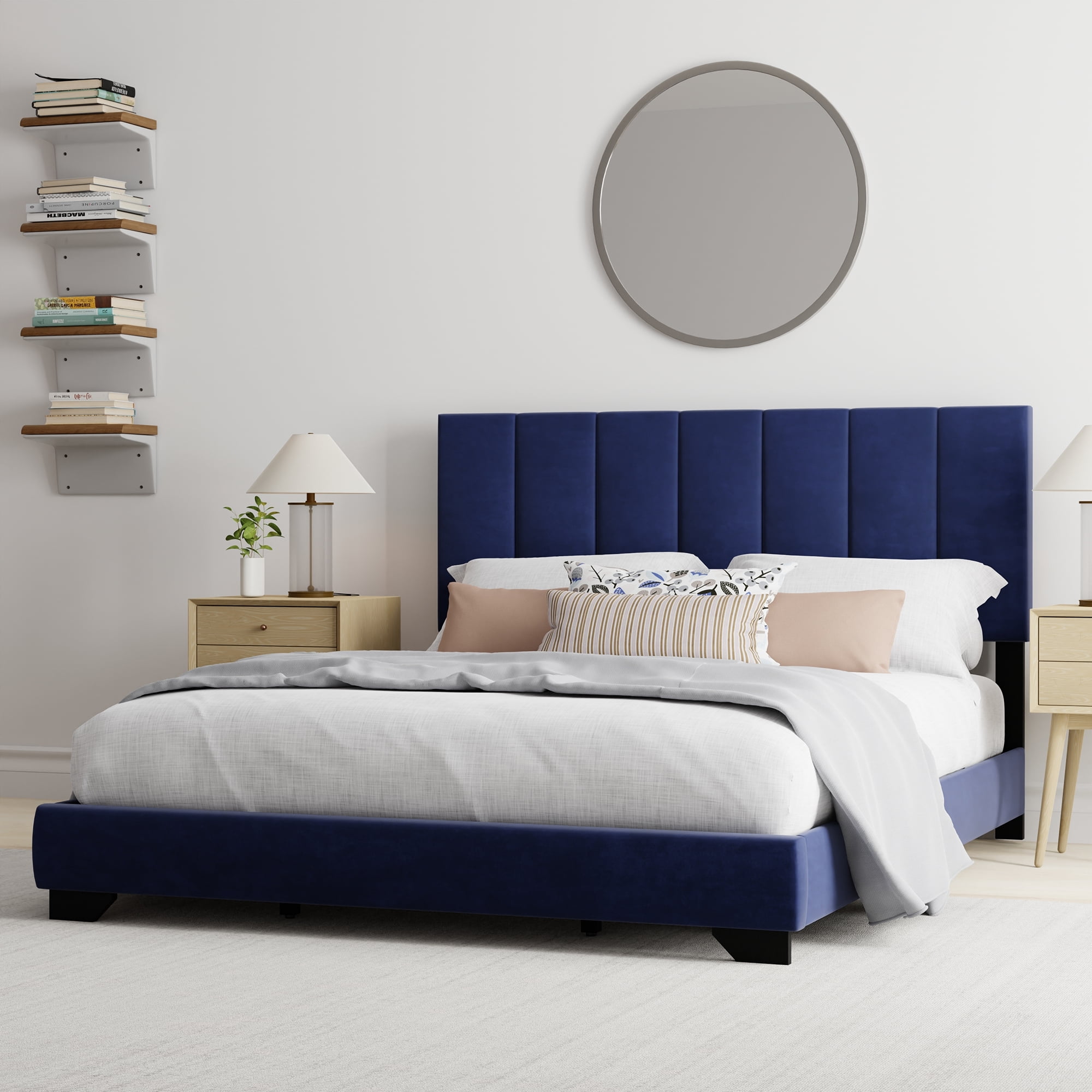 Reece Channel Stitched Upholstered Queen Bed, Sapphire Blue, by Hillsdale Living Essentials