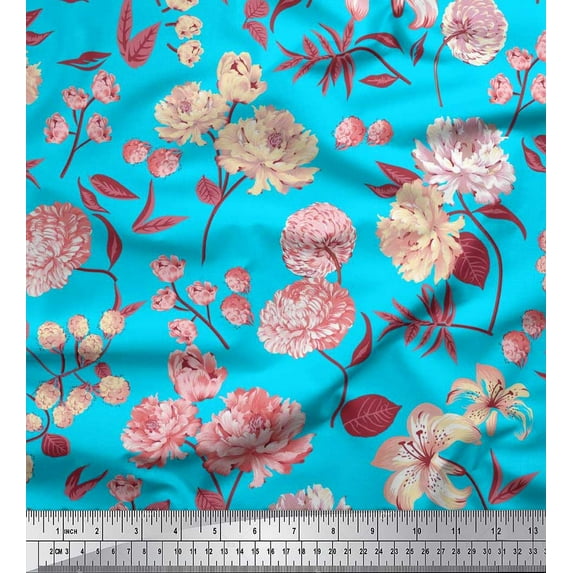 Soimoi Green Silk Fabric Leaves & Artistic Floral Print Fabric by Yard 42 Inch Wide