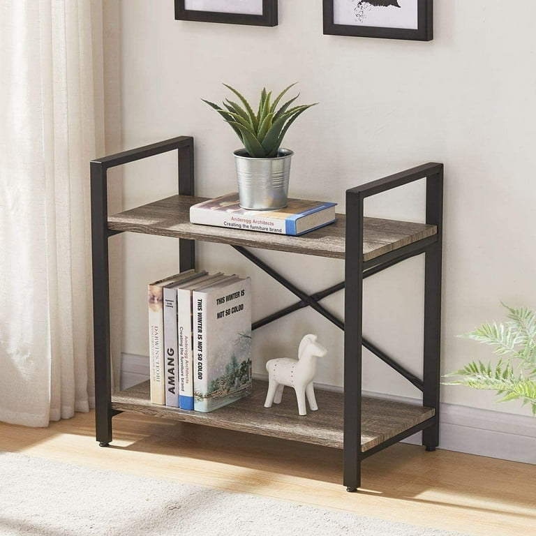LA TALUS Bookshelf 2 Tier Bookcase Modern Narrow Book Shelf and Book Case Industrial Wood Shelving Unit for Living Room