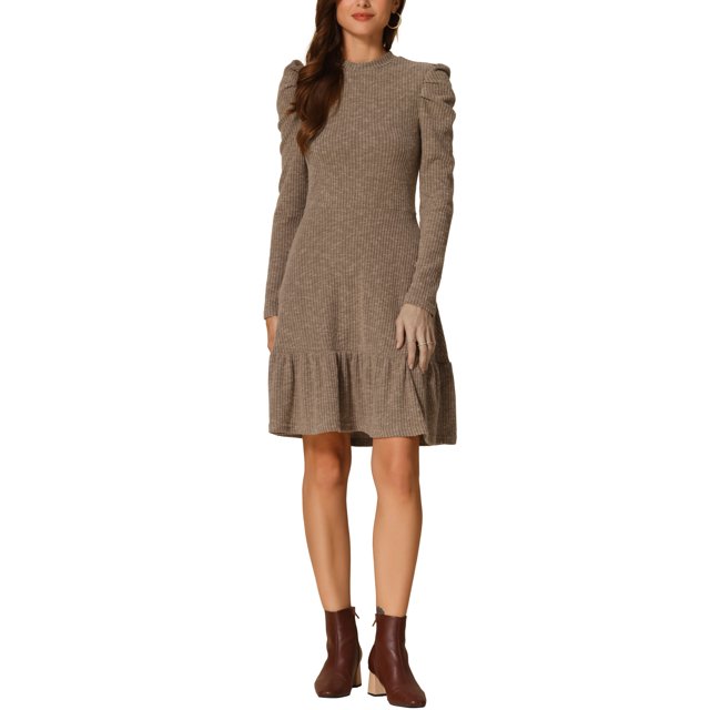 INSPIRE CHIC Robe Chandail Femme Col Rond Manches Longues Bouffantes Poches Latérales Couleur Unie TP Camel