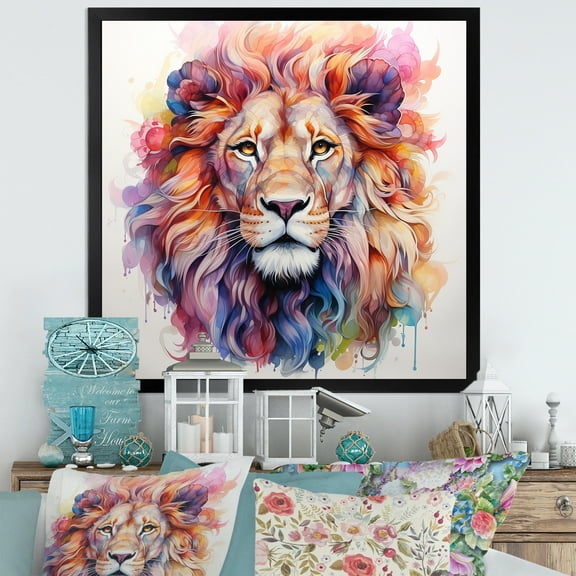 Designart "Colorful Royal Lion Art" Animals Framed Wall Art Decor - Modern Colorful Lion Hallway Framed Wall Art Decor