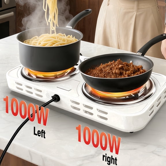 2000W Potable Electric Hot Plate for Cooking, Double Coil Electric Burner, Two Burner Electric Cooktop, Electric Stove with 2 Burner, Adjustable Temperature Control,White