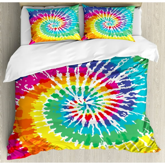 Rainbow Duvet Cover Set, Digital Spiral Vortex Vibrant Rainbow Colored Sixties Ikat Psychedelic Pattern, Decorative 2 Piece Bedding Set with 1 Pillow Sham, Twin Size, Orange Green, by Ambesonne