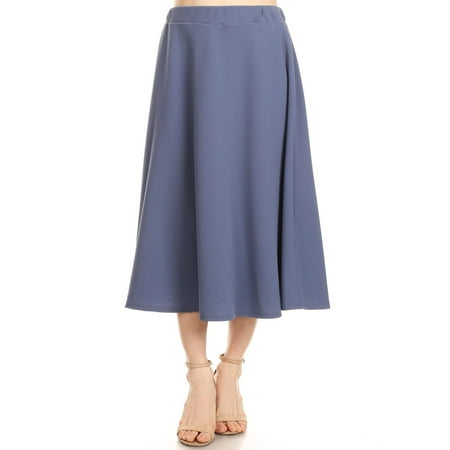 MOA COLLECTION Women's Solid Print Casual Comfy Elastic A-line Knee Midi Skirt/Made in USA