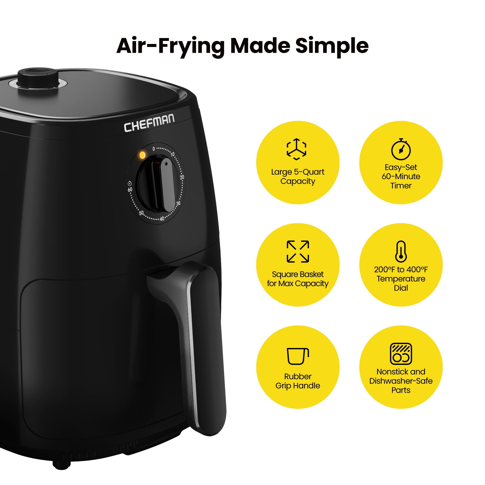 Chefman Turbofry 5-Quart Air Fryer w/ Integrated Timer, Adjustable Temp Control - Black