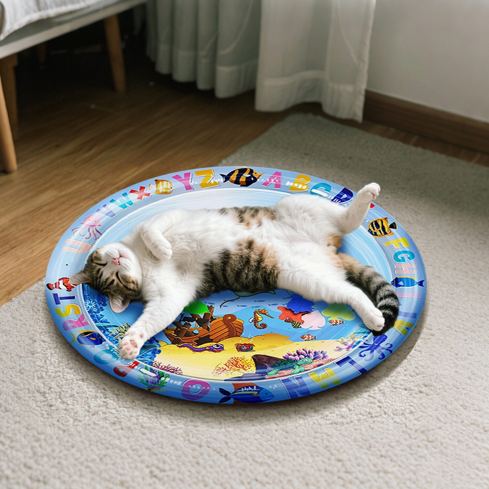 Inflatable Pet Water Mat for Cats and Dogs – Summer Cooling Sensory Water Pad with Floating Toys,Interactive Play Center for Indoor Use