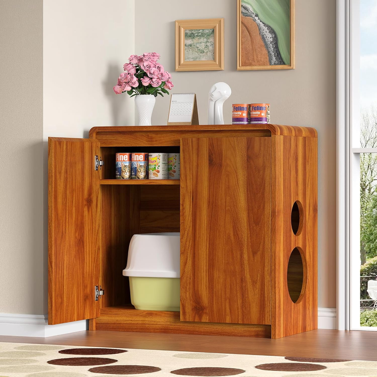 Winkalon Cat Litter Box Enclosure Furniture Wood Cat Hidden Washroom Farmhouse Storage Side Table Barn Door, Brown