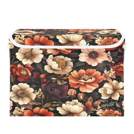 WOBOGO Colorful Vintage Floral Patterns Large Collapsible Storage Box Flip Lid Fabric Decorative Organizer Container Basket with Handles 16.5×12.6×11.8in