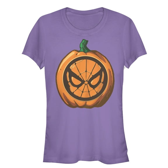 Junior's Marvel Halloween Spider-Man Mask Pumpkin  Graphic Tee Purple Small