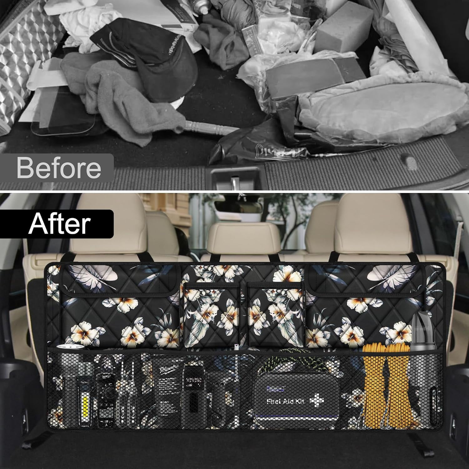 Car Trunk Organizer, Large Capacity Backseat Trunk Organizer (42"*18"), Collapsible Car Storage Bag with 8 Pockets - Hibiscus