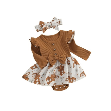 

KelaJuan Baby Girl Easter Outfit Long Sleeve Crew Neck Bunny Flower Print A-line Romper Dress with Headband Clothes
