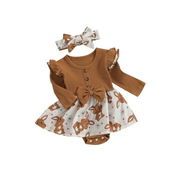 Suealasg Baby Girls Easter Outfit 3 6 9 12 18 Months Infant Girls Long Sleeve Bunny Print Romper Dress Headband Set 0-18M 2Pcs Newborn Girl Spring Clothing