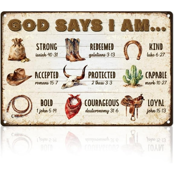 God Says I Am Christian Tin Sign Retro Metal Wall Decor 8" x 12" Vintage Inspirational Western Cowboy Wall Art Poster for Home Cafes Game Room Bar Outdoor Garage Yard Man Cave Decor Gift