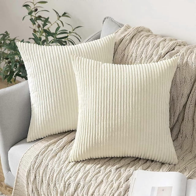 Pack of 2 Corduroy Soft Soild Decorative Square Throw Pillow Covers Set Cushion Cases Pillowcases for Sofa Bedroom Car 26 x 26 Inch Cream White