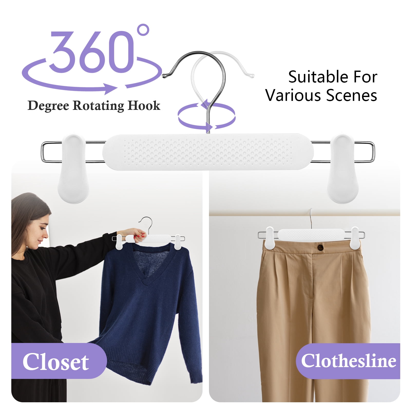 Allhall 30 Pack Plastic Pant Skirt Hangers with Clips,  Non-Slip with 360° Swivel Hook, Frosted Embossing Shorts Hanger for Kids, Baby, Children, Toddler, Women