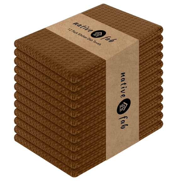 Native Fab 12 Pack Waffle Kitchen Towels - Absorbent Dish Cloths for Cleaning Drying - Brown