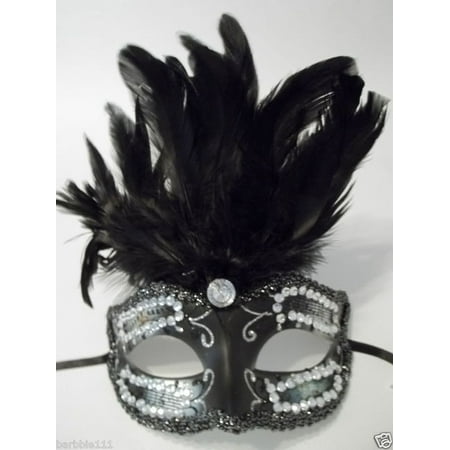 Rhinestone Crystal Black Feather Venetian Mardi Gras Masquerade Prom Ball Mask