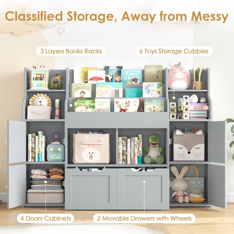 Gizoon Kids Toy Storage Cabinet With 4 Drawers & 8 Open Shelves - Movable Bookcase & Toy Organizer With Wheels, Grey