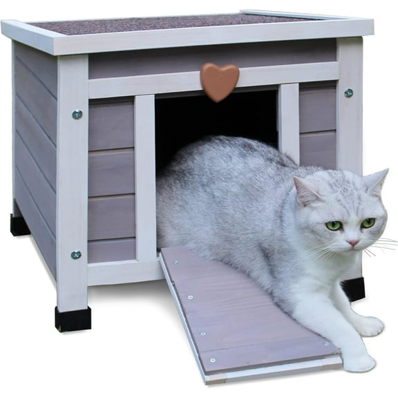Weatherproof Cat House for Outdoor Cats, Wooden Small Pet House Outside, Feral Cat Shelter with Elevated Floor and Lockable Door - Grey