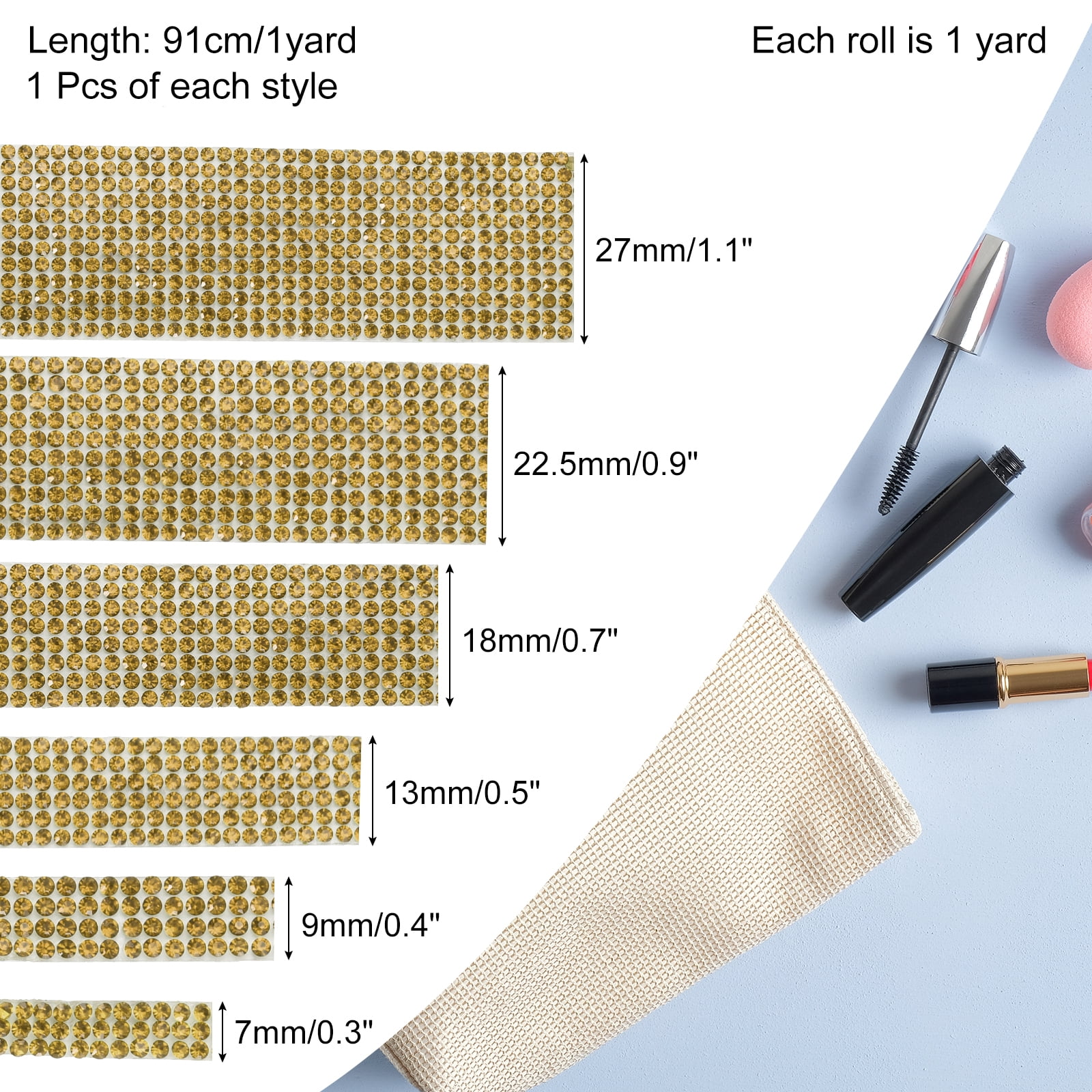 Uxcell 6 Rolls Self-Adhesive Rhinestone Ribbon for DIY Arts Crafts, Mineral Gold