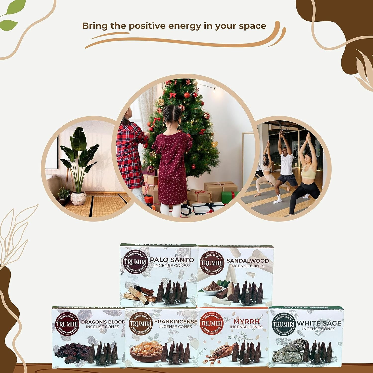Trumiri Woody Incense Cones - Variety Pack - Total 60 Cone Incense (6 Scents x 10 Conos) - White Sage, Palo Santo, Dragons Blood, Sandalwood - Cone Incense Scents - Insense Cones - Incent Cone